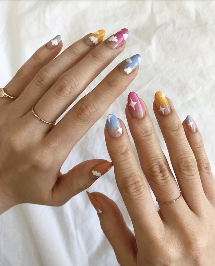 Rainbow Chrome Pride Nails with Clouds