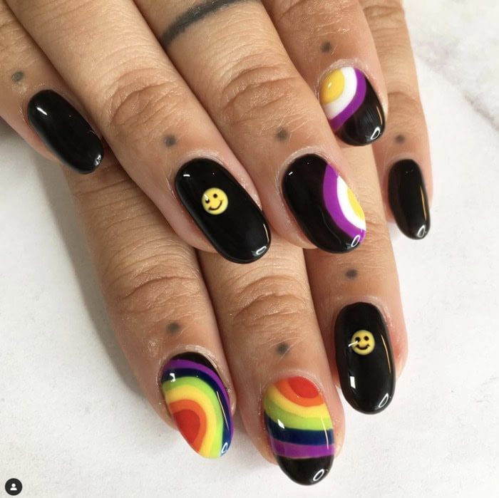 Ace Pride Nails with Smiley Faces and Rainbow