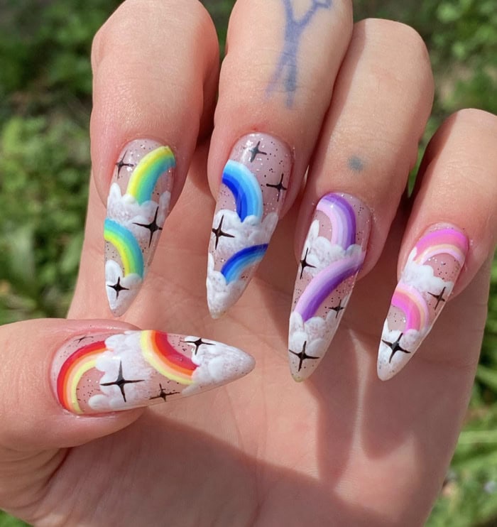 Rainbow Brite Pride Nails with Clouds
