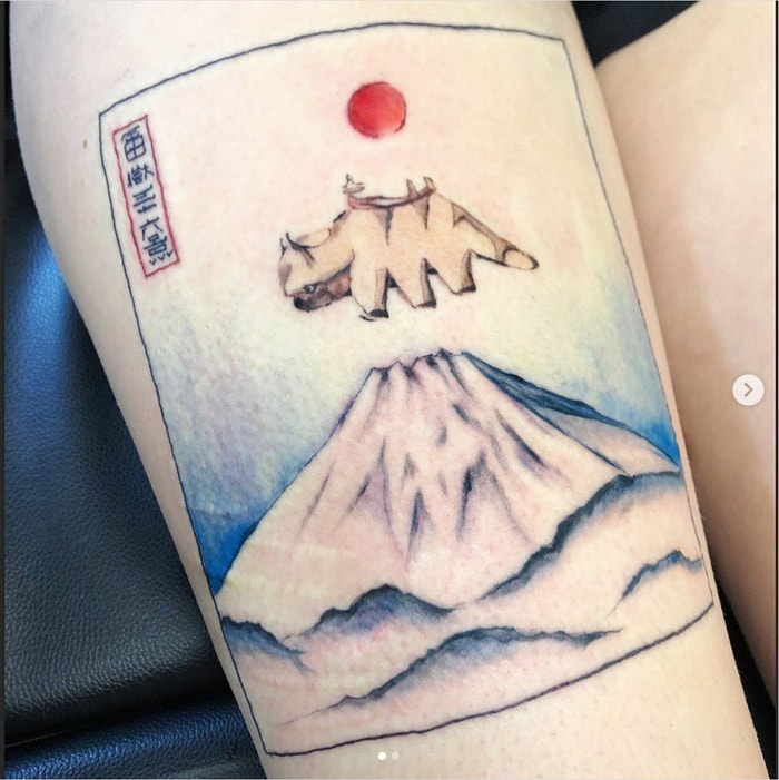 Fine line style Appa tattoo located on the hip