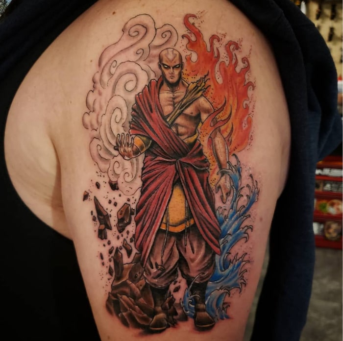 Sketch Gamble Tattoos  Aang in the avatar state for the first session of  this avatar the last air bender sleeve    avatarthelastairbender aang  avatar avataraang fire water earth air 
