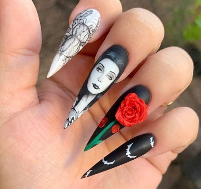 Black Halloween Nails - Adams Family