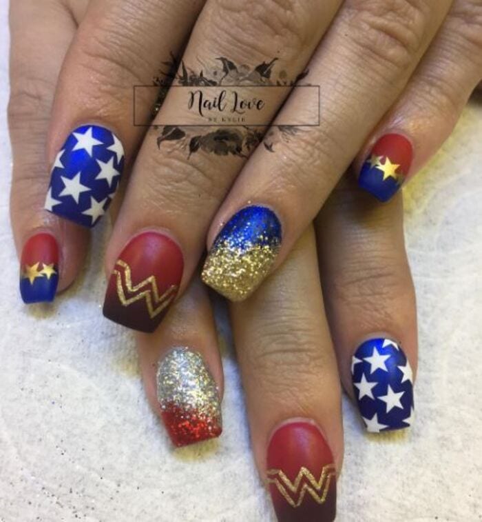 Wonder woman nails - Gold blue and red