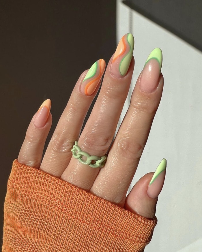 Summer Gel Nail Designs - orange and green wavy