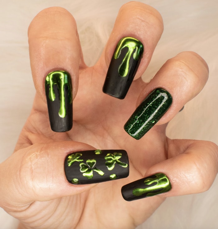 St Patricks Day Nail Designs - black and green slime