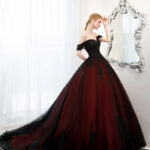 Goth wedding dresses- Red Ball Gown with Black Beading