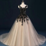 Goth wedding dresses- Cream Tulle Ball Gown with Black Lace Top