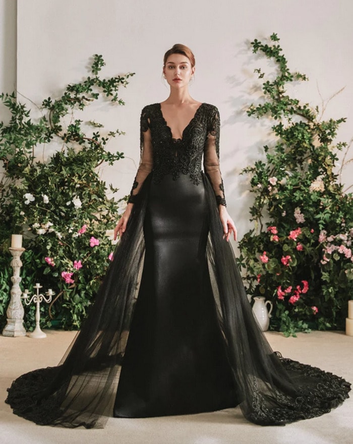 Goth wedding dresses- Black Satin Mermaid Dress with Train