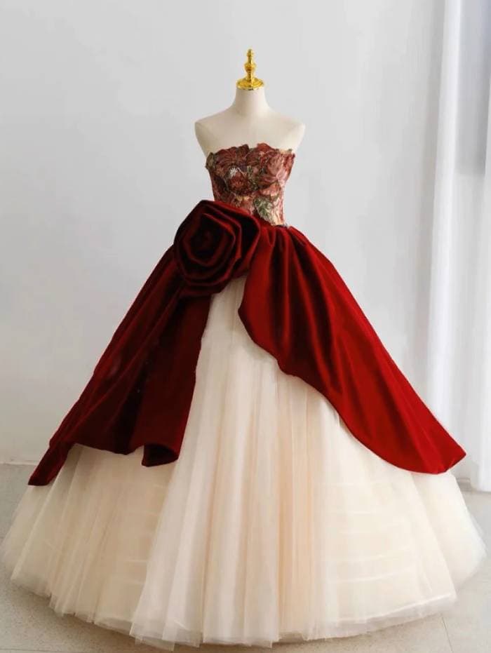 Goth wedding dresses - Ball Gown with Red Velvet Overlay